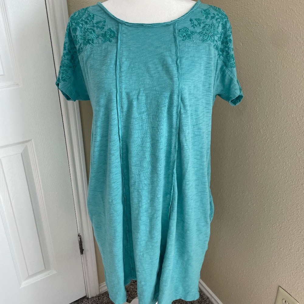Soft Surroundings Gladstone Teal Dress Embroidered Floral Print Knit Sz Medium